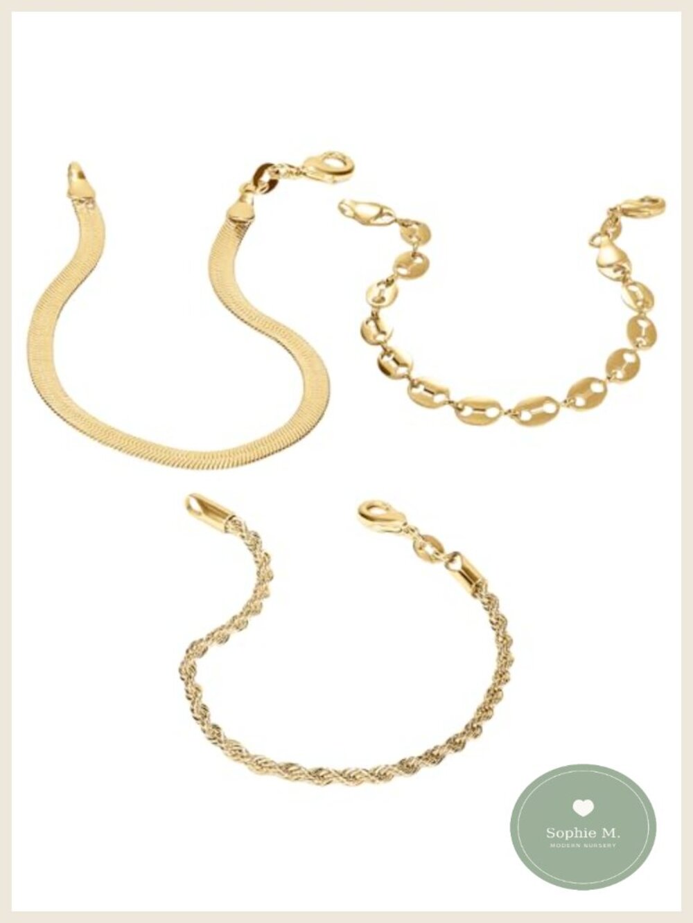 Gold PVD Coated Waterproof Bracelet Set 7 Inch Stackable